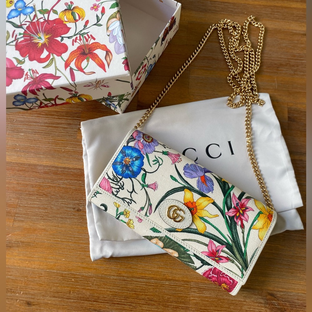 Gucci Limited Edition Flora Wallet on Chain Strap Bag Beige Canvas GG Logo - Picture 5 of 11